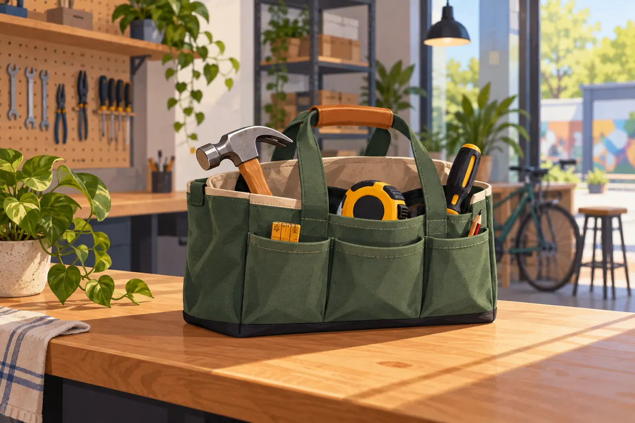 A reusable open tool tote on a community workshop counter containing a hammer.