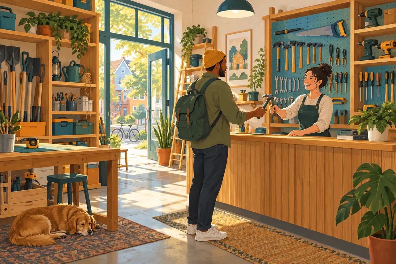 An inviting fictional neighborhood tool library with neatly arranged simple hand tools.